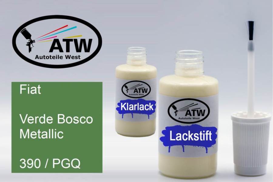 Fiat, Verde Bosco Metallic, 390 / PGQ: 20ml Lackstift + 20ml Klarlack - Set, von ATW Autoteile West.